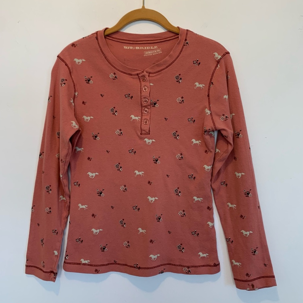 Bit & Bridle Western Horse Print Henley Top